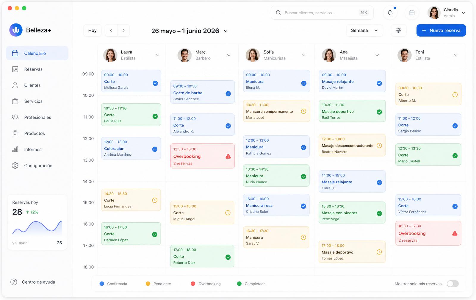 Vista semanal del calendario de BookedPro con varios profesionales y estados de reserva